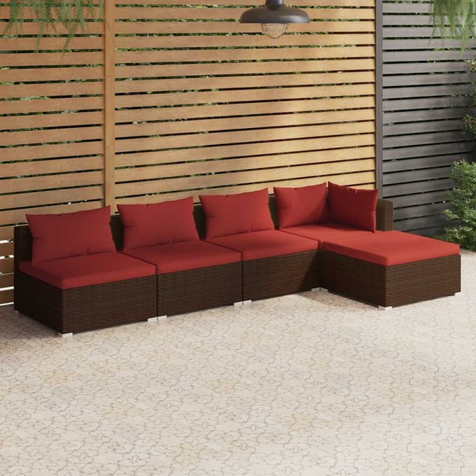 vidaXL - 5-delige - Loungeset - met - kussens - poly - rattan - bruin