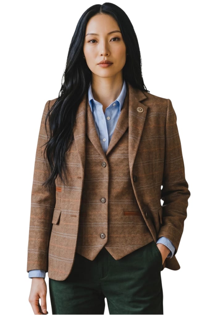 Dames eikenbruine 2-delige geruite formele tweed blazer en vestset - TPSTZ-7