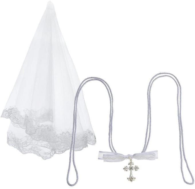 Dailygoods- Bruiloftsluier met Strass Kruis - Polyester Kant Sluier - Bruiloft Koord Set - Hanger Ornamenten - 2 Stuks - Uniek Ontwerp - Bruidssluier