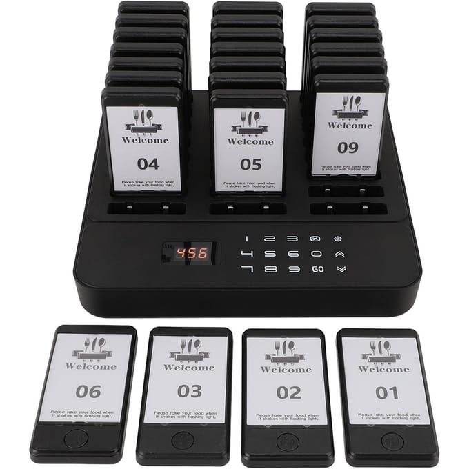 Restaurant Pagersysteem 24 Pagers Vibratie Piepen Knipperlicht 984,25ft Receptie Pagers Belknoppen UK Plug black