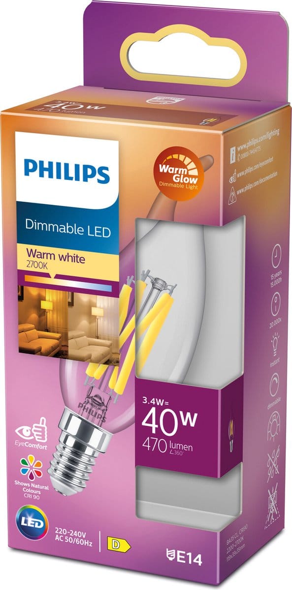 Philips Ledfilamentlamp Kaars - D3,5cm - Dimbaar - Warm Wit - E14 - 3,4w