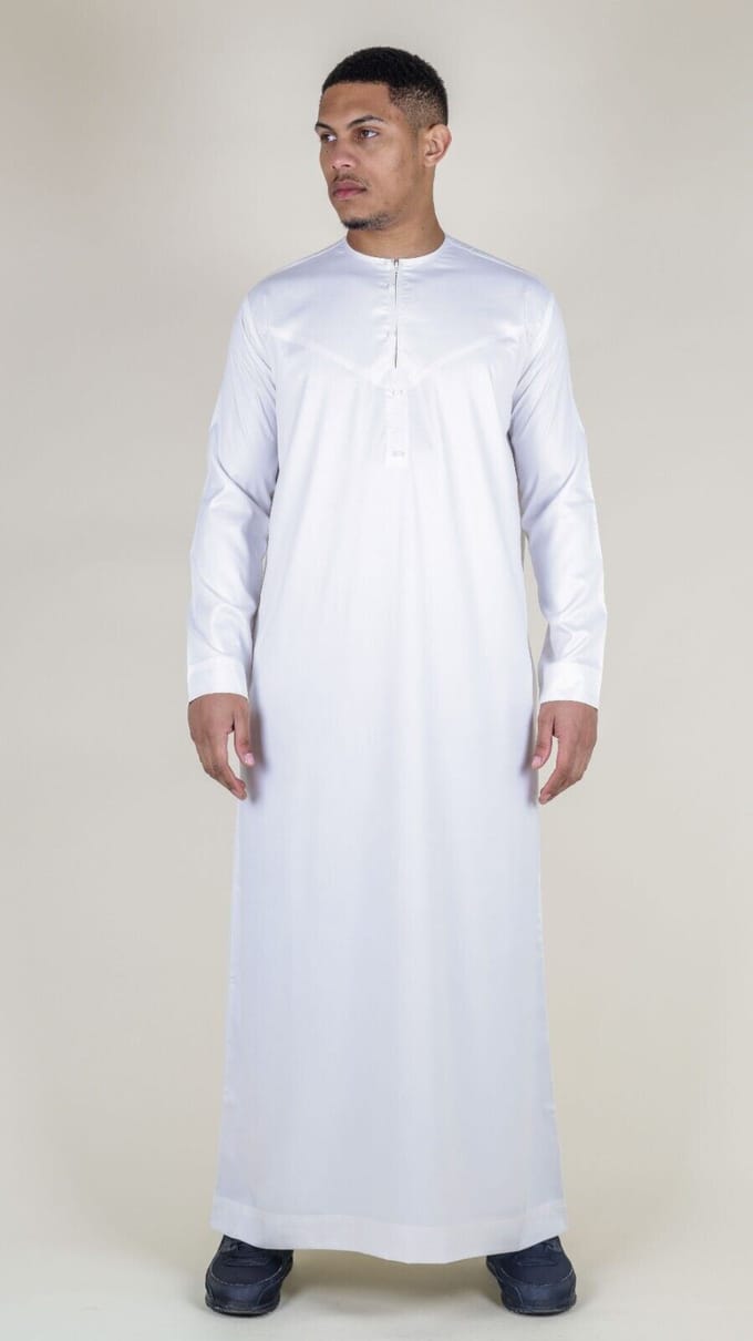 Witte Thobe-gewaad voor heren, satijn Emirati Islamitische Jubba Eid, normale pasvorm