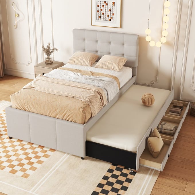 REDOM bedframe 90x200 cm – Linnen beige – Uitschuifbed, 3 laden, verstelbaar hoofdeinde – Gastvrij