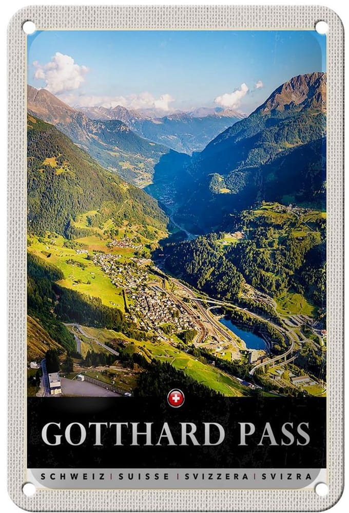 Blechschild Reise 12x18cm Gotthard Pass Wanderung Natur Wälder Schild