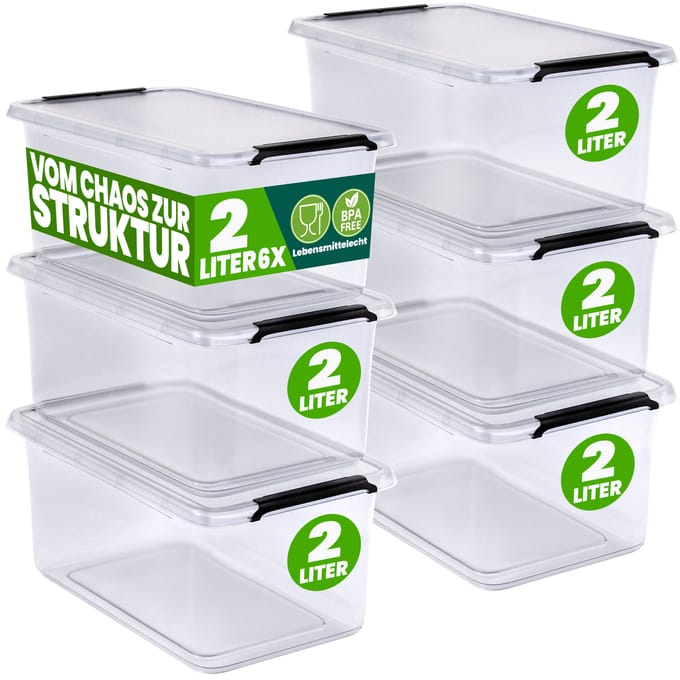 DEUBA Opbergbox Set van 6 - 2l BPA Vrij Stapelbaar - 19,5x15x11,5cm