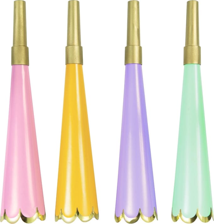 UNIQUE - 4 kleurrijke metallic feesttoeters - Decoratie > Toeters en roltongen