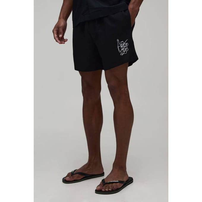 Relaxed Fit Linen Blend Boxer Style Embroidered Short | Black | Size Small