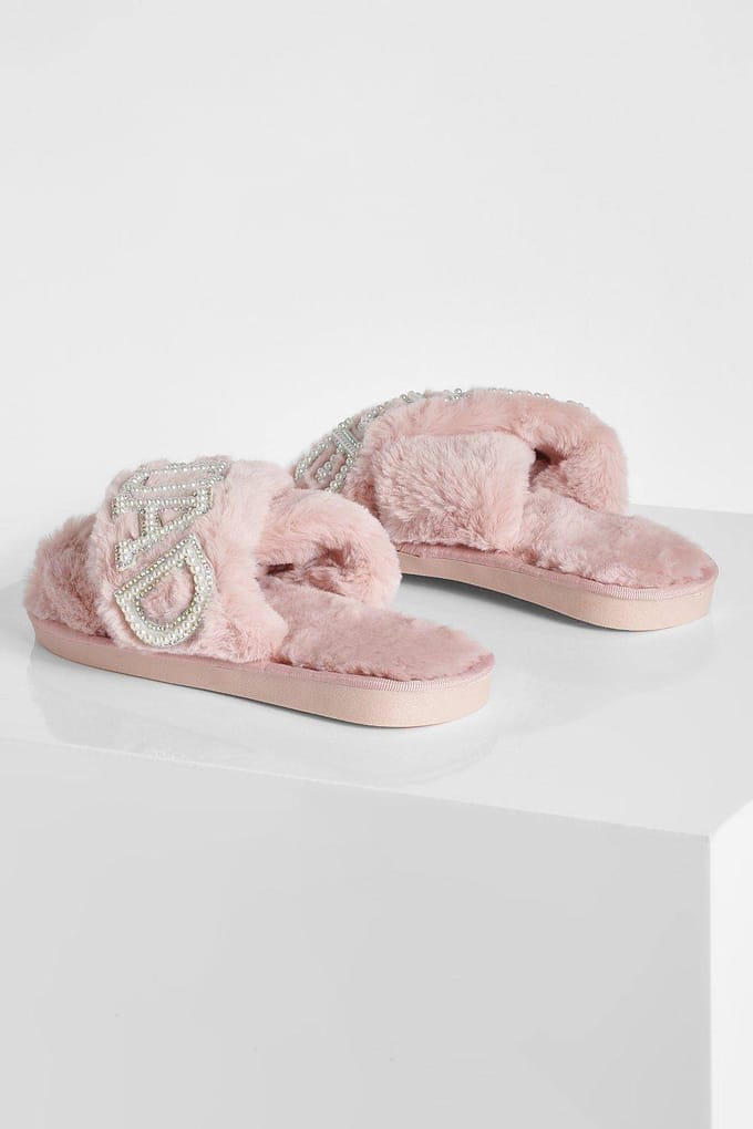 boohoo Dames Bruids 'Bride Squad'-versierde slippers | Blush | Maat: Large