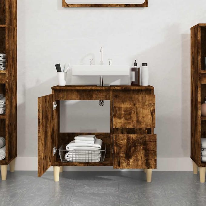 vidaXL - Badkamerkast - 65x33x60 - cm - bewerkt - hout - gerookt - eikenkleurig