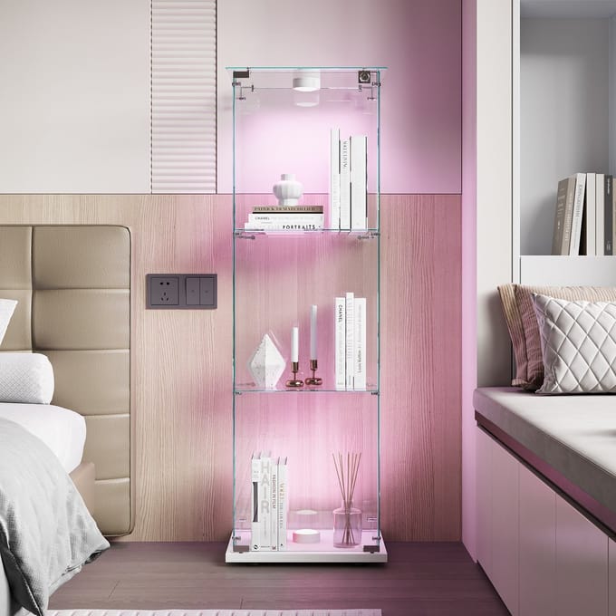 Glazen Vitrinekast 1 Deur – 3 Planken – Spot Verlichting – Afsluitbaar – Wit