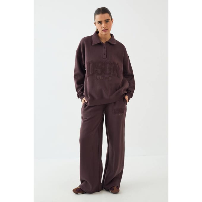 Dames DSGN Studio Badstof Applique Rechte Pijp Jogger | Chocoladebruin | Maat: Medium
