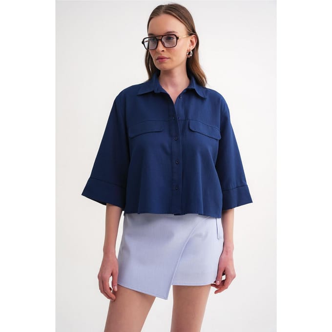 Korte Mouw Crop Poplin Shirt