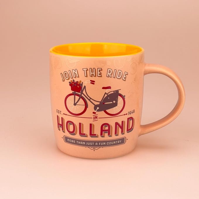 Souvenir Mok - Beker Holland Fiets - Pastel Oranje-Geel - Gift