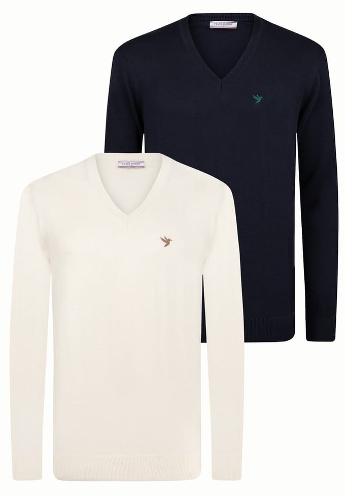 Felix Hardy Sweater Met V-Hals - 2 Pack Trui - 100% Katoen Heren Ecru-Navy - M