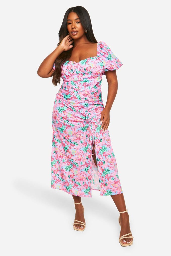 boohoo Dames Plus Geweven Ditsy Bloemen Geraffelde Midaxi-Jurk | Pink | Maat: 26