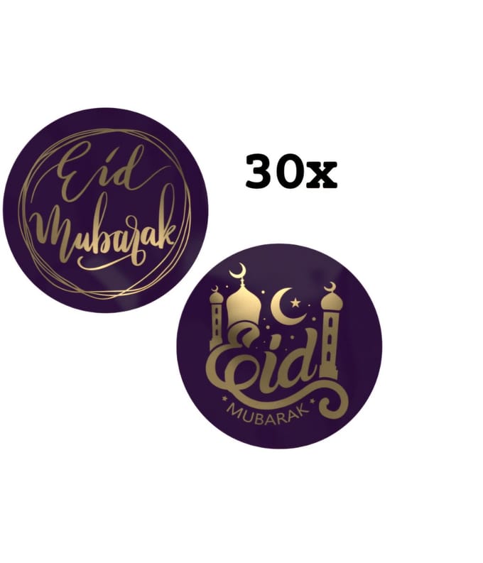 30 Stickers Eid Mubarak Paars met goud