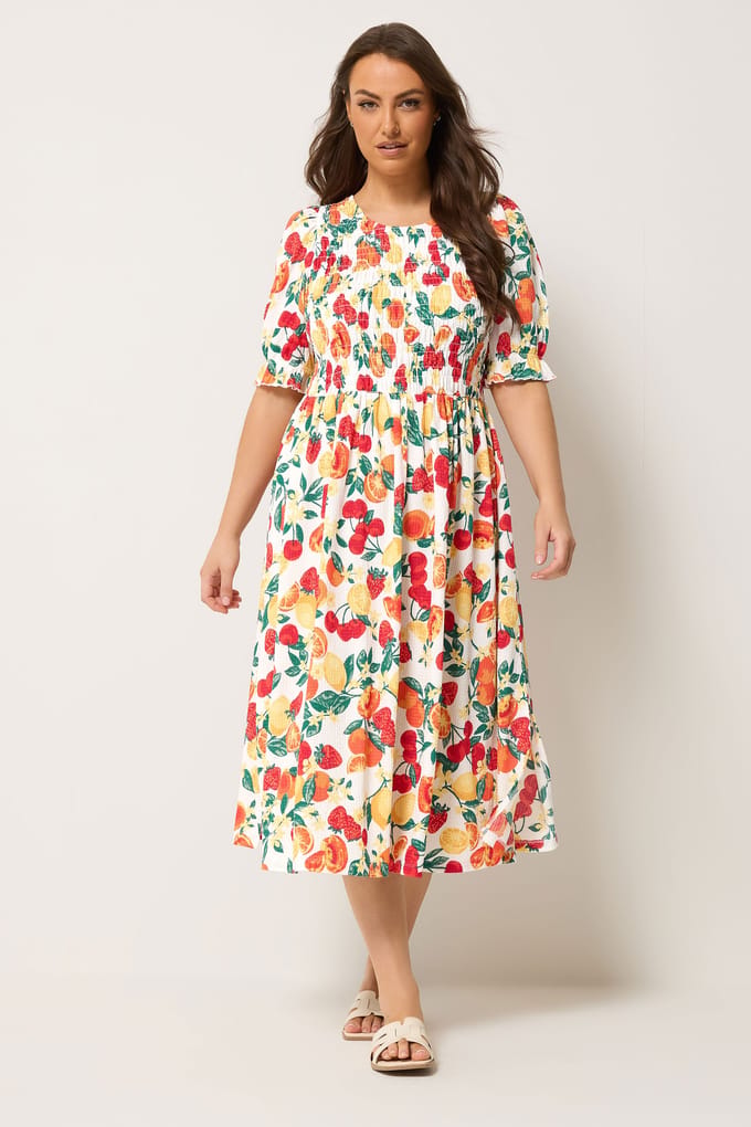 Yours Oranje Jurk Met Smockwerk En Fruitprint Size 44