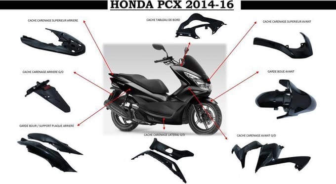Kit carénage pour scooter Honda 125 PCX 2014 à 2016 11 pièce noir brillant Neuf
