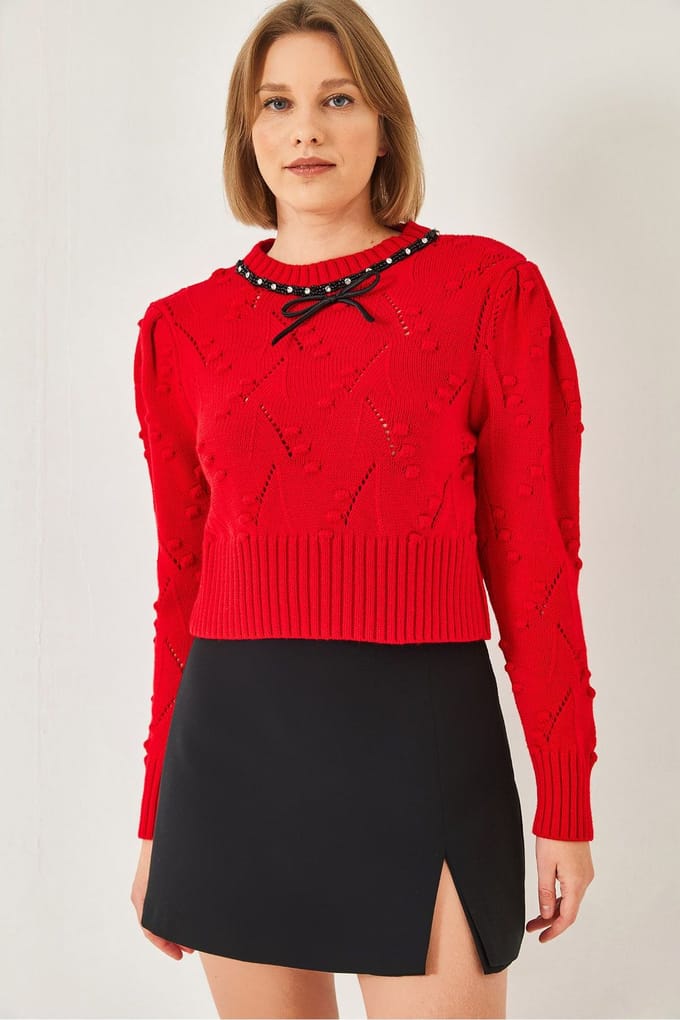 Textured Geborduurd Crew Neck Aansluitend Crop Trui