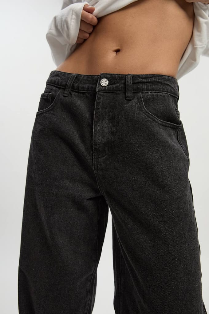 Dames Boohoo Basics Wide Leg Jeans | Washed Black | Maat: 16/32L