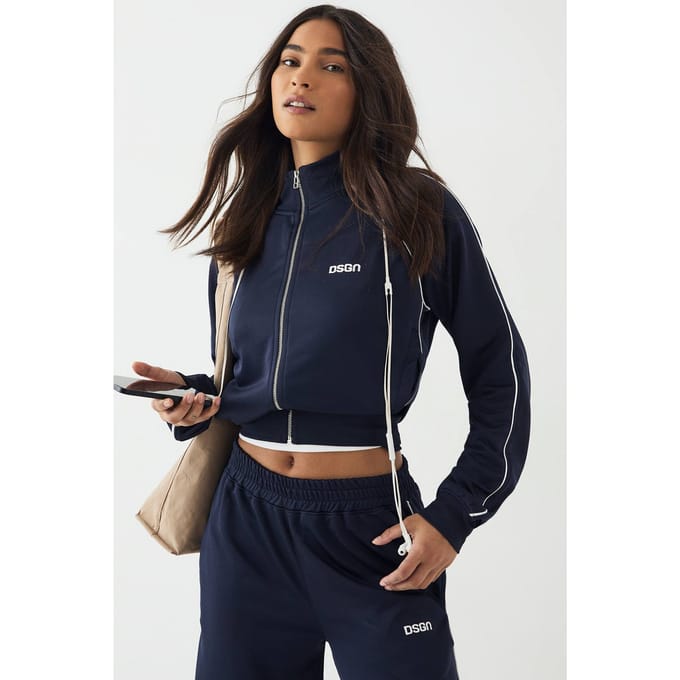 Dames DSGN Studio Tricot Paspel Detail Ritssluiting Trainingsjack | Navy | Maat: Small