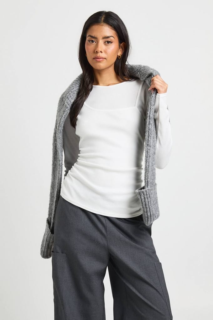 boohoo Dames Vest Dubbele Laag Lange Mouw Top | White | Maat: 8