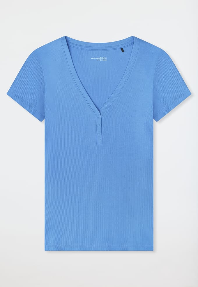 Shirt met korte mouwen, dubbelrib, drukknopen, aquablauw - Mix+ Relax 36