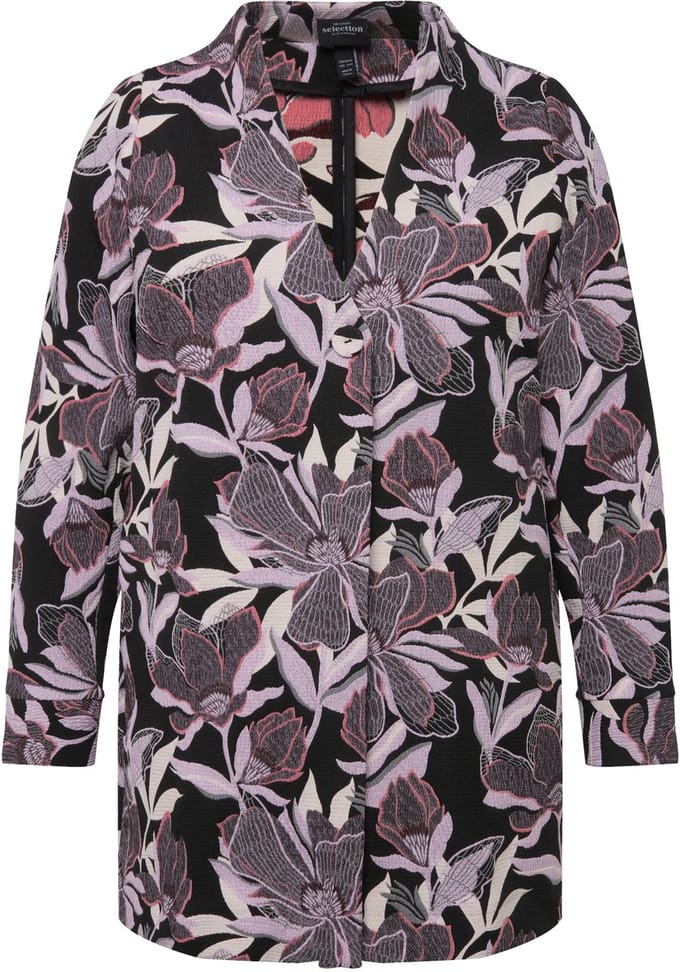 Ulla Popken - Dames - Jacquard jas bloemen goblet kraag - Zwart - Maat 58+
