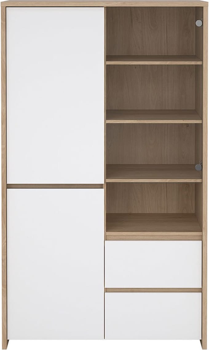 Next vitrinekast 3 deuren, 2 lades, 1 plank eiken decor, wit hoogglans.