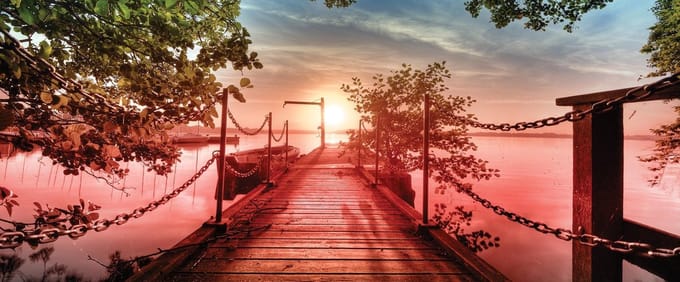 Path Pier Trees Boats Sunset  Photo Wallcovering