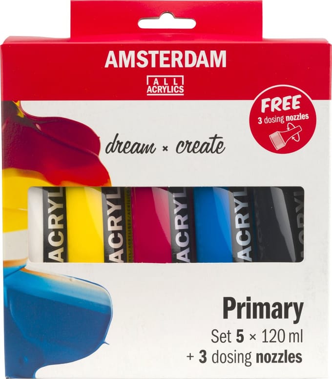 Bruynzeel Amsterdam Standard Series Acrylic Paint Primary Set 120ml 5pcs. + 3 Dosing Spouts