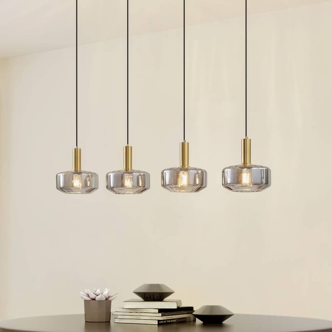 Lindby - hanglamp - 4lichts - Glas, ijzer - H: 11.8 cm - E27 - rookgrijs, messing