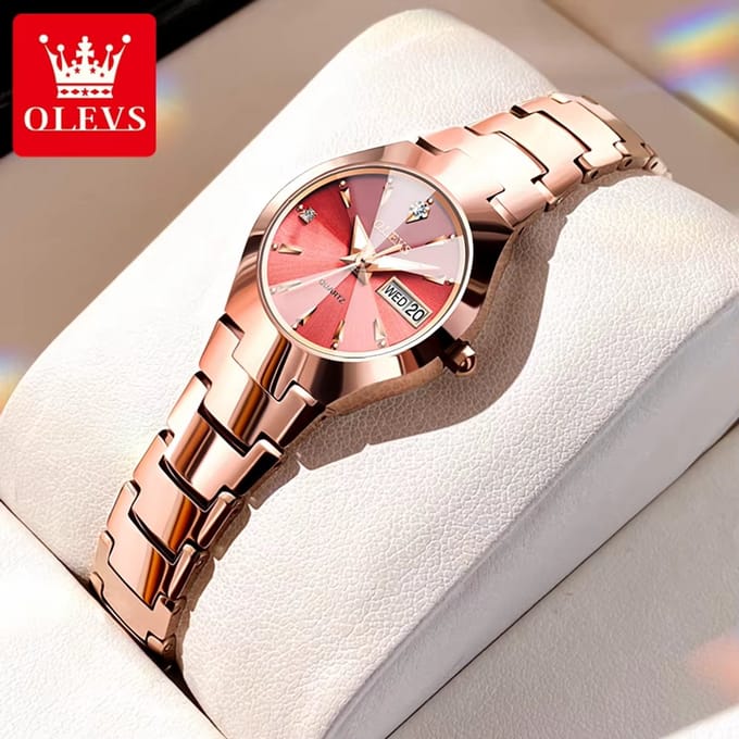 HO-8697L.b : OLEVS modieuse Dames Lover's bronskl Tungsten-edelstaal quartzhorloge diamantontwerp, dagtekst, dagnummer