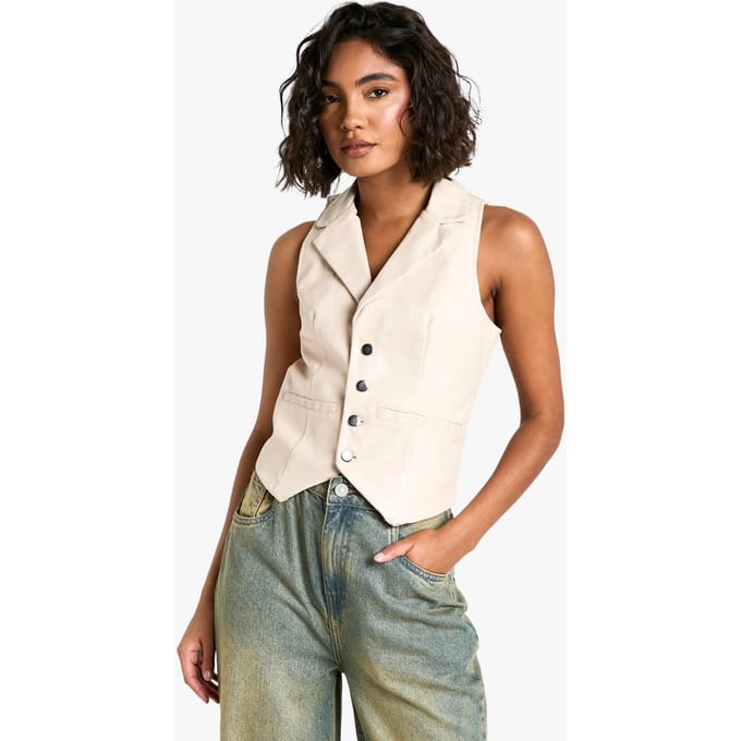 boohoo Dames Hoge kunstleren vest met knoopsluiting | Ecru | Maat: 8