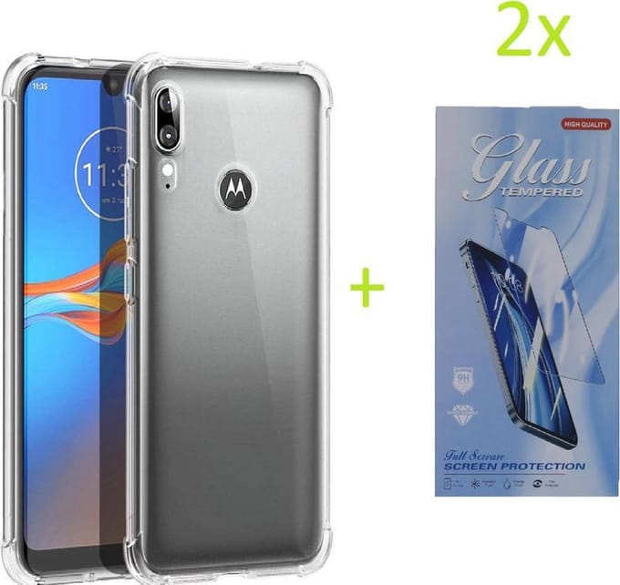 Hoesje Geschikt voor: Motorola Moto E6s / E6 Plus - Anti Shock Silicone Bumper - Transparant + 2X Tempered Glass Screenprotector