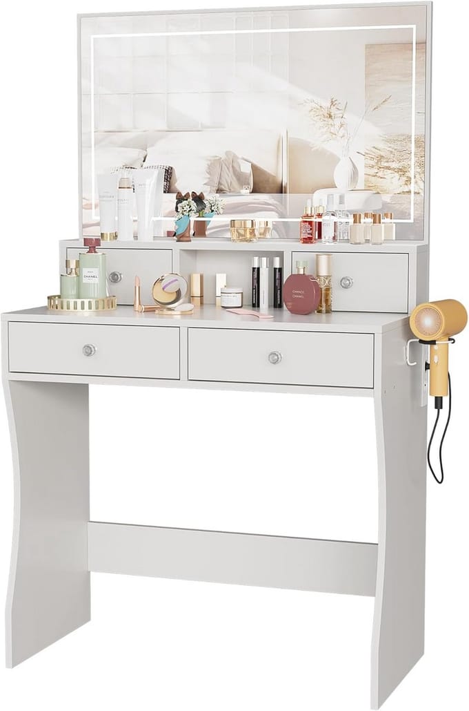 Moderne Make-uptafel met Spiegel en Verlichting | Kaptafel met Oplaadstation
