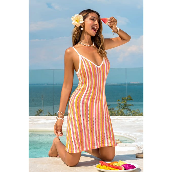 Perzikkleurige Bellini gestreepte cover-up mini-jurk