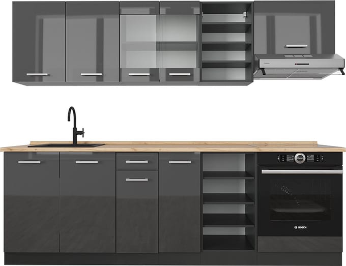Vicco R-Line Complete keukeneenheid – 240 cm, WB Eik Antraciet hoogglans/antraciet
