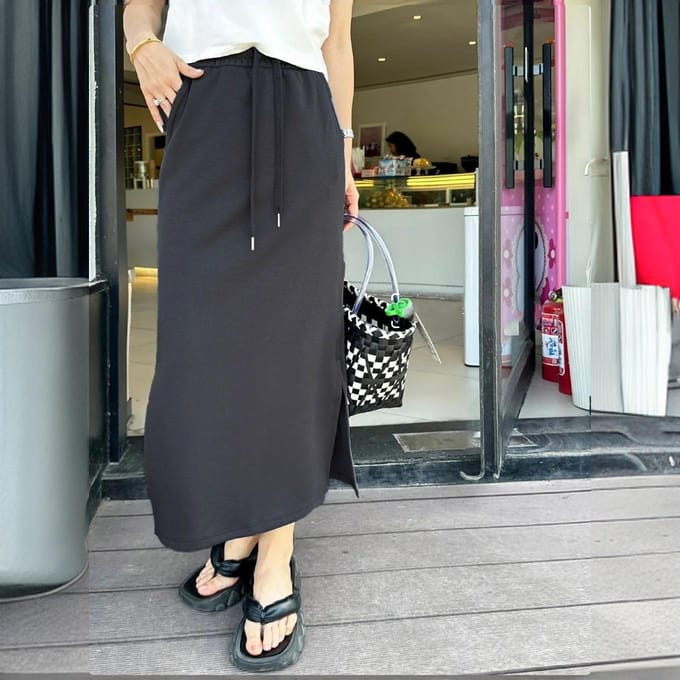 Taille met trekkoord, Split, Elastisch, Lichte casual rok, Dunne vrouw XXL koffie