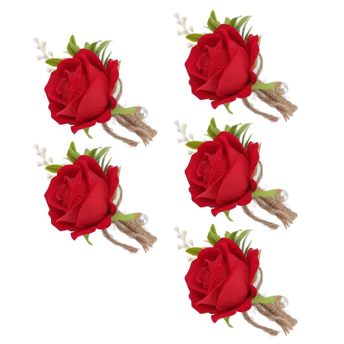 5 STuks Bruiloft Boutonnière Speld Vast Plastic Kunstbloem Corsage voor Bruid en Bruidegom Rood champagne