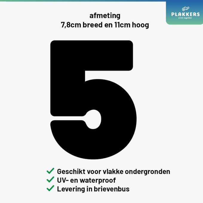 Cijfersticker Nummer 5 Zwart - Brievenbus - Container - Deur