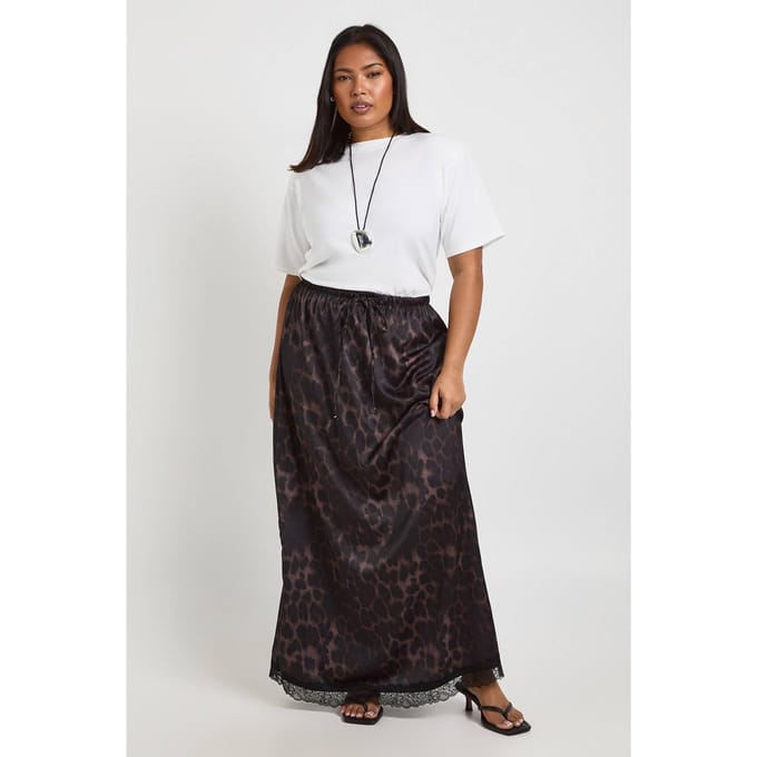 boohoo Dames Plus Geweven Luipaard Kant Maxi Rok | Black | Maat: 24