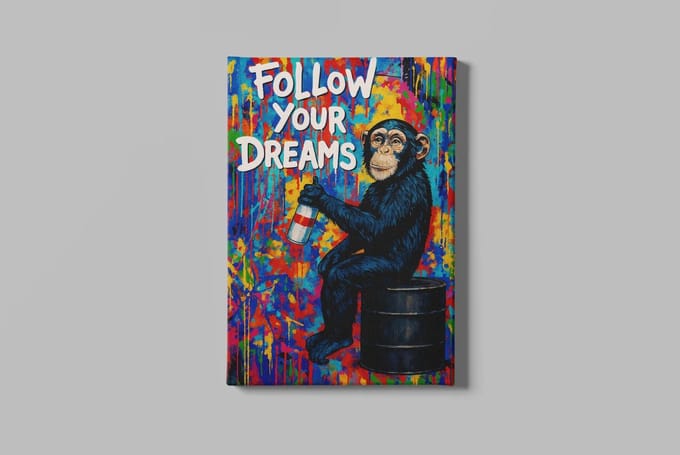 Canvas Schilderij - Graffiti - Aap- Follow Your - Dreams - 60x40x2 cm