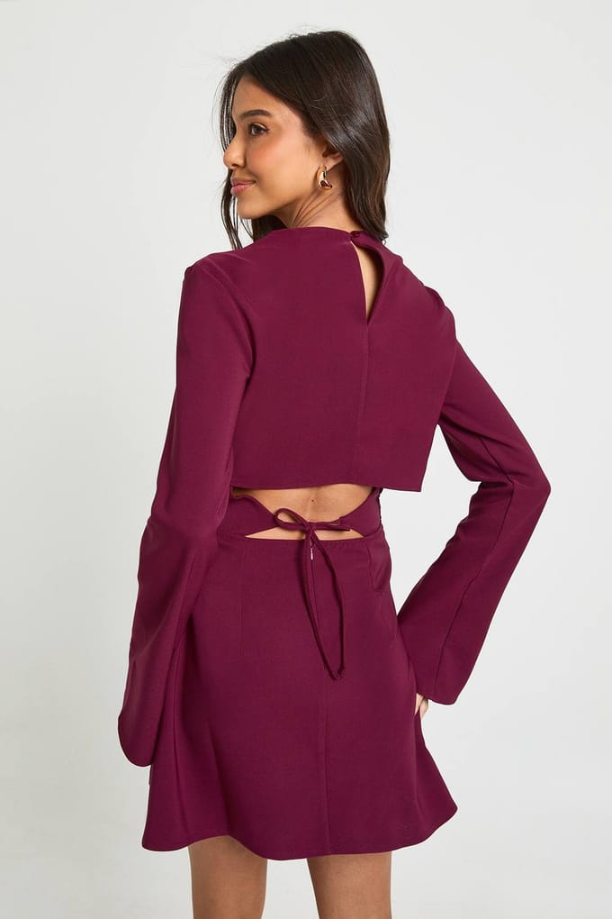 boohoo Dames Langmouwige geraffleerde hoge hals shiftjurk | Bordeaux Rood | Maat: 38
