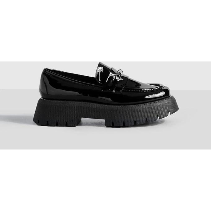 boohoo Dames Wide Fit Platform Chunky Sole T Bar Loafers | Black | Maat: 3