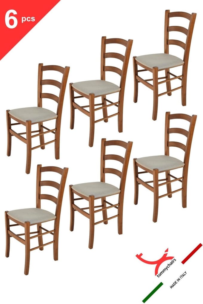 Tommychairs Venice - Eetkamerstoelen - Set van 6 - Licht Walnoot & Licht Bruin - Kunstleer & Hout