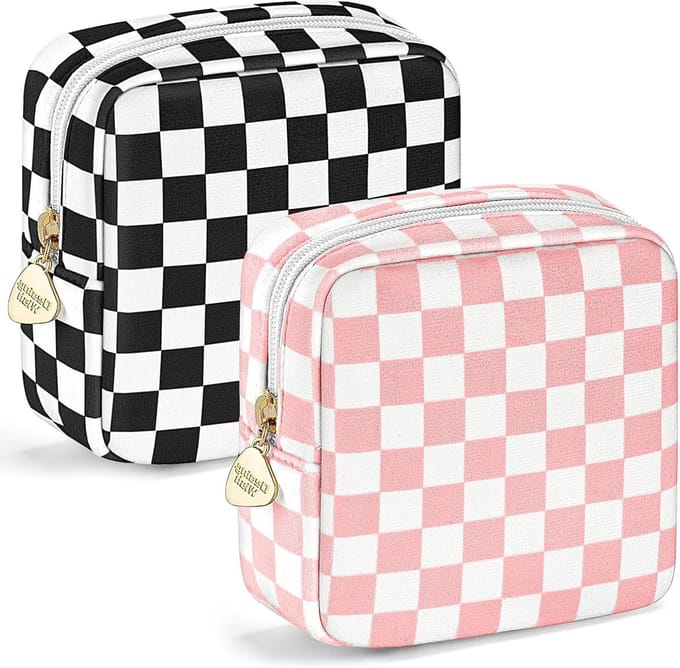 Make-up tas voor dames in roze en zwart schaakpatroon - Set van 2, compact en stijlvol
