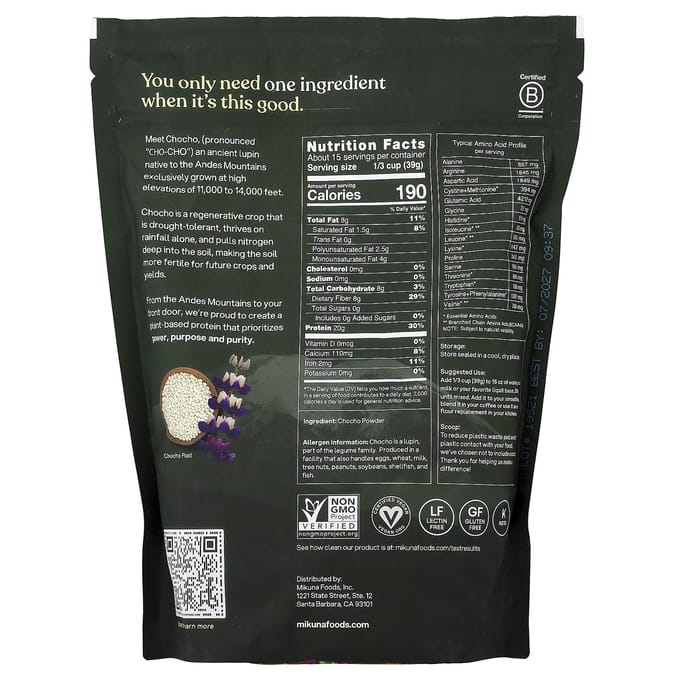MIKUNA, Poudre de Protéines Végétales Chocho, Chocho Pur, 1,29 lb. (585g)