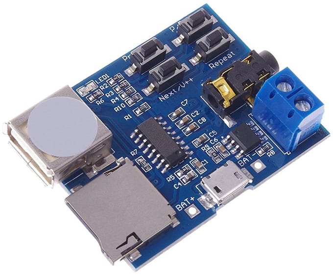 MP3 Audio Module - Decoder Board - Muziek Afspelen - Geïntegreerde Versterker - 50 x 37 mm - Blauw