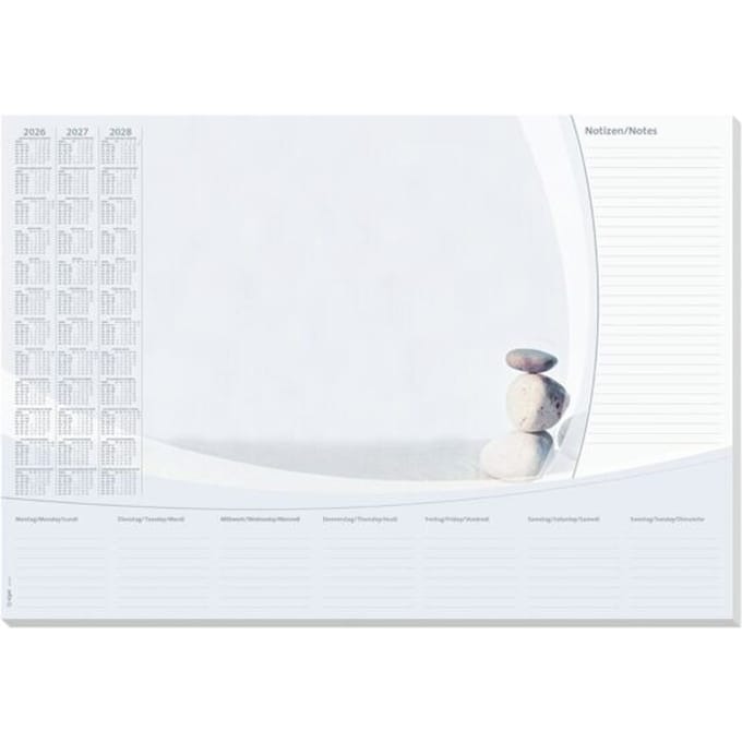 Sigel schrijfblok, steentjes, grijs/beige, ca. A2, kalender 2026/2027/2028, DE/EN/FR, 30 vel